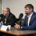 Kenai Peninsula Borough Assembly candidates Dil Uhlin, left, and Jesse Bjorkman participate in a candidate forum at the Soldotna Public Library on Monday, Sept. 26, 2022, in Soldotna, Alaska. Both candidates are running for the assemblys Nikiski seat. (Ashlyn OHara/Peninsula Clarion)