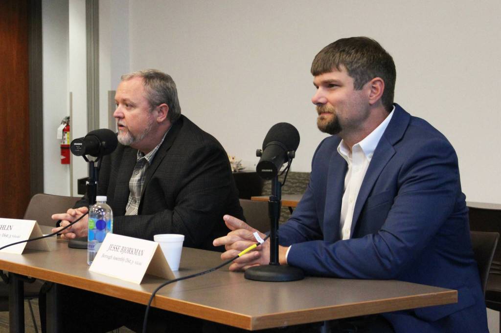 Kenai Peninsula Borough Assembly candidates Dil Uhlin, left, and Jesse Bjorkman participate in a candidate forum at the Soldotna Public Library on Monday, Sept. 26, 2022, in Soldotna, Alaska. Both candidates are running for the assemblys Nikiski seat. (Ashlyn OHara/Peninsula Clarion)