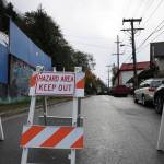 Clarise Larson / Juneau Empire
A line of barricades blocked off traffic to Gastineau Avenue at Gold and Second streets following a landslide on Monday, Sept. 26, in Juneau, Alaska.