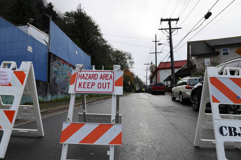 Clarise Larson / Juneau Empire
A line of barricades blocked off traffic to Gastineau Avenue at Gold and Second streets following a landslide on Monday, Sept. 26, in Juneau, Alaska.