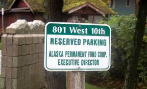 A parking sign awaits the new executive director of the Alaska Permanent Fund at its Juneau headquarters, Three finalists will be interviewed for the job during a public meeting Monday by the funds board of trustees, who are expected to deliberate and announce the new director immediately afterward. (Mark Sabbatini / Juneau Empire)