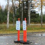 Cones direct student pick up traffic at Mountain View Elementary School on Thursday, Sept. 29, 2022 in Kenai, Alaska. (Ashlyn OHara/Peninsula Clarion)