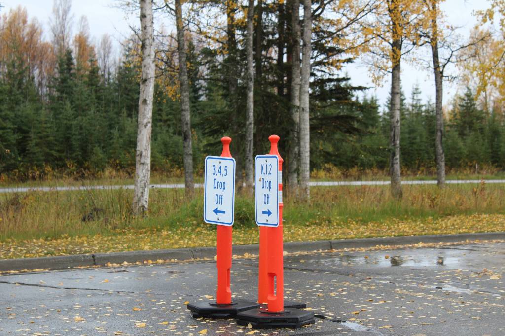 Cones direct student pick up traffic at Mountain View Elementary School on Thursday, Sept. 29, 2022 in Kenai, Alaska. (Ashlyn OHara/Peninsula Clarion)