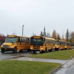 Buses line up ahead of dismissal at Mountain View Elementary School on Thursday, September 29, 2022, in Kenai, Alaska. A bond package up for consideration by Kenai Peninsula Borough voters on Oct. 4 would fund improvements to the schools traffic flow. (Ashlyn OHara/Peninsula Clarion)