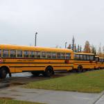 Buses line up ahead of dismissal at Mountain View Elementary School on Thursday, September 29, 2022, in Kenai, Alaska. A bond package up for consideration by Kenai Peninsula Borough voters on Oct. 4 would fund improvements to the schools traffic flow. (Ashlyn OHara/Peninsula Clarion)