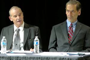 Bob Bird, left, chairman of the Alaskan Independence Party, and former Lt. Gov. Loren Leman make the case in favor of a state constitutional convention during a debate in Anchorage broadcast Thursday by Alaska Public Media. (Screenshot from Alaska Public Medias YouTube channel)