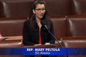 Rep. Mary Peltola, an Alaska Democrat, delivers a speech on the U.S. House floor before Thursdays vote approving her first bill, establishing an Office of Food Security in the Department of Veterans Affairs. It passed the House by a 376-49 vote, although its fate in the Senate is undetermined. (Screenshot from official U.S. House video)