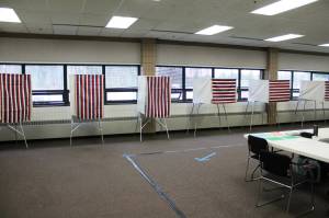 Voting booths are set up at the Soldotna Regional Sports Complex on Tuesday, Oct. 4, 2022, in Soldotna, Alaska. (Ashlyn OHara/Peninsula Clarion)