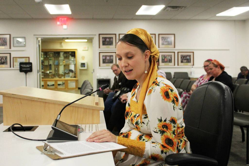 Efrosinia Yakunin, a Nikolaevsk parent, testifies in support of a charter school for the area during a board of education meeting on Monday, Oct. 3, 2022, in Soldotna, Alaska. (Ashlyn OHara/Peninsula Clarion)