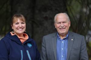 Ben Hohenstatt / Juneau Empire
Heidi Drygas, who is running for lieutenant governor, and Bill Walker, who is running for governor, smile outside the Juneau Empires offices after an interview this week. Walker said hes hopeful voters will understand his decision to draw from the Alaska Permanent Fund to fund state government.