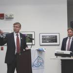 Kenai City Manager Paul Ostrander, left, speaks during a State of the City address while Kenai Mayor Brian Gabriel, right, looks on at the Kenai Chamber of Commerce and Visitor Center on Wednesday, May 4, 2022, in Kenai, Alaska. (Ashlyn OHara/Peninsula Clarion)
