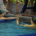 Homers Carly Nelson and Colonys Merica Miller celebrate after swimming the 50-yard freestyle at the SoHi Pentathlon on Friday, Oct. 7, 2022, at Soldotna High School in Soldotna, Alaska. (Jake Dye/Peninsula Clarion)