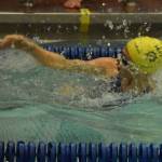 Homers Annabelle Franciscone performs an open turn while swimming the 50-yard breaststroke at the SoHI Pentathlon on Friday, Oct. 7, 2022, at Soldotna High School in Soldotna, Alaska. (Jake Dye/Peninsula Clarion)