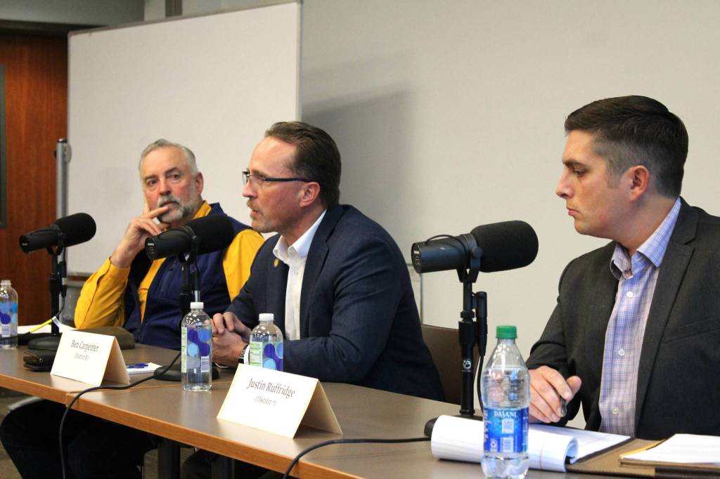 Rep. Ben Carpenter, center, participates in an Alaska State House candidate forum on Monday, Oct. 10, 2022, in Soldotna, Alaska. (Ashlyn OHara/Peninsula Clarion)