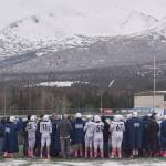 Soldotna head coach Galen Brantley Jr. addresses his team at halftime Saturday, Oct. 15, 2022, in the Division II state championship game at Service High School in Anchorage, Alaska. (Photo by Jeff Helminiak/Peninsula Clarion)