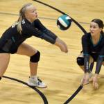 Nikiskis Avery White digs up a ball against Kenai Central on Tuesday, Oct. 18, 2022, at Nikiski High School in Nikiski, Alaska. (Photo by Jeff Helminiak/Peninsula Clarion)