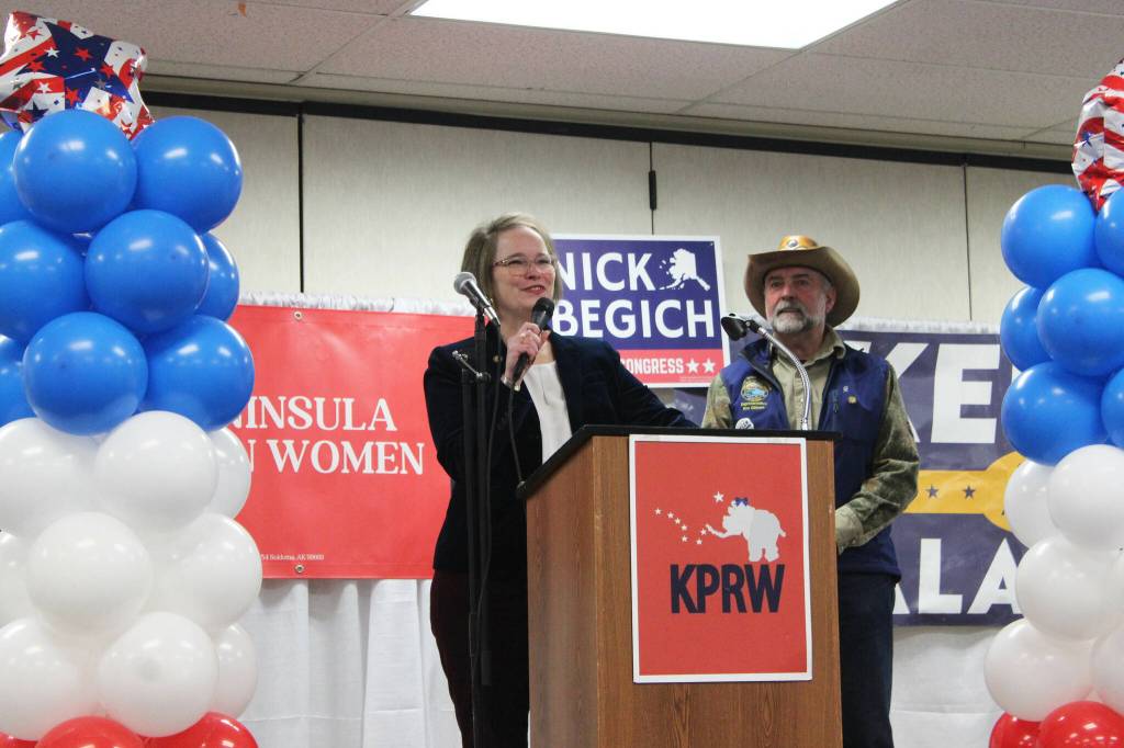 Rep. Sarah Vance speaks at a Get Out the Vote rally hosted by the Kenai Peninsula Republican Women at the Soldotna Regional Sports Complex on Tuesday, Oct. 18, 2022, in Soldotna, Alaska. (Ashlyn OHara/Peninsula Clarion)