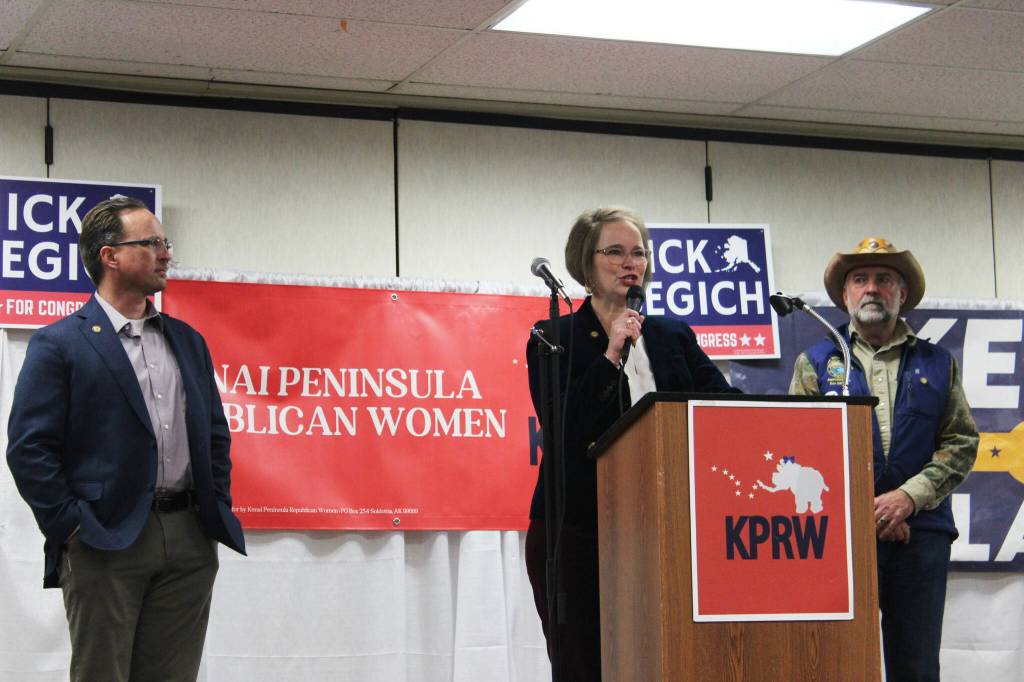 From left: Alaska Reps. Ben Carpenter, Sarah Vance and Rob Gillham address constituents at a Get Out the Vote rally at the Soldotna Regional Sports Complex on Tuesday, Oct. 18, 2022, in Soldotna, Alaska. All three are up for reelection this year. (Ashlyn OHara/Peninsula Clarion)