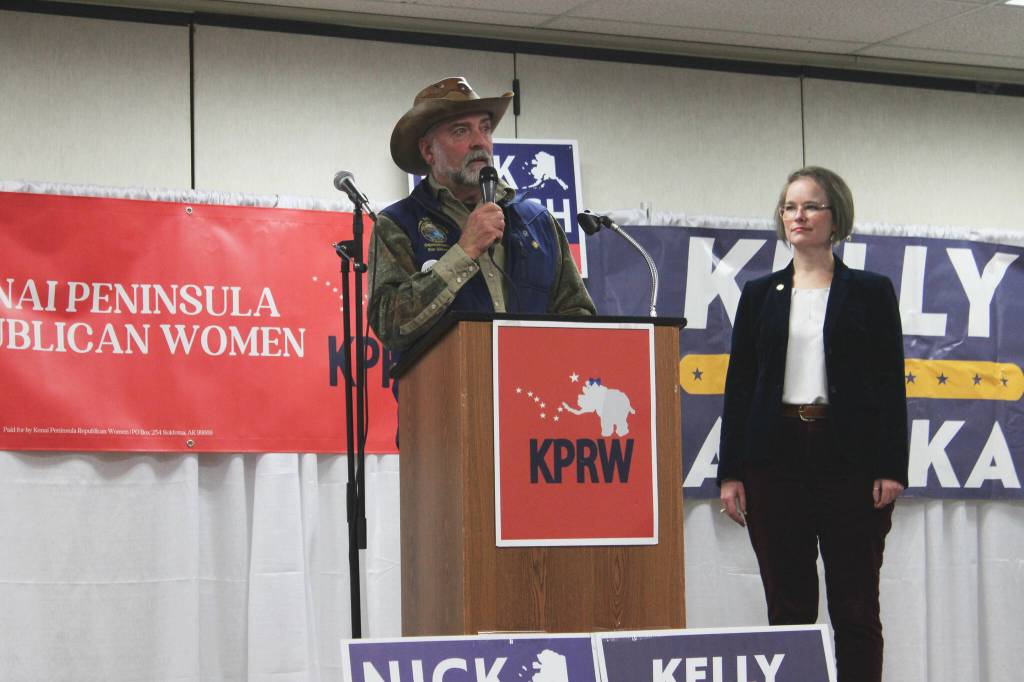 Rep. Ron Gillham speaks at a Get Out the Vote rally hosted by the Kenai Peninsula Republican Women at the Soldotna Regional Sports Complex on Tuesday, Oct. 18, 2022, in Soldotna, Alaska. (Ashlyn OHara/Peninsula Clarion)