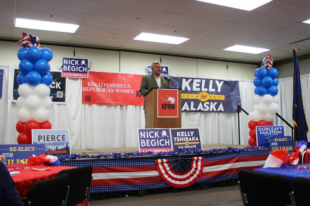 Former Kenai Peninsula Borough Mayor and current Alaska gubernatorial candidate Charlie Pierce speaks at a Get Out the Vote rally hosted by the Kenai Peninsula Republican Women at the Soldotna Regional Sports Complex on Tuesday, Oct. 18, 2022, in Soldotna, Alaska. (Ashlyn OHara/Peninsula Clarion)