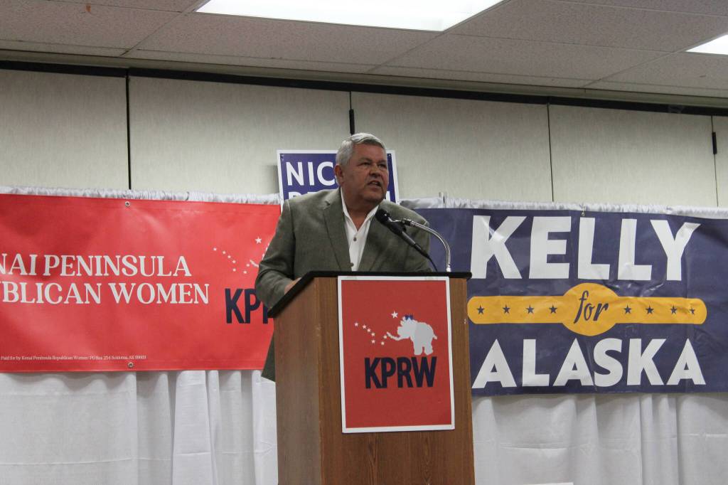 Former Kenai Peninsula Borough Mayor and current Alaska gubernatorial candidate Charlie Pierce speaks at a Get Out the Vote rally hosted by the Kenai Peninsula Republican Women at the Soldotna Regional Sports Complex on Tuesday, Oct. 18, 2022, in Soldotna, Alaska. (Ashlyn OHara/Peninsula Clarion)