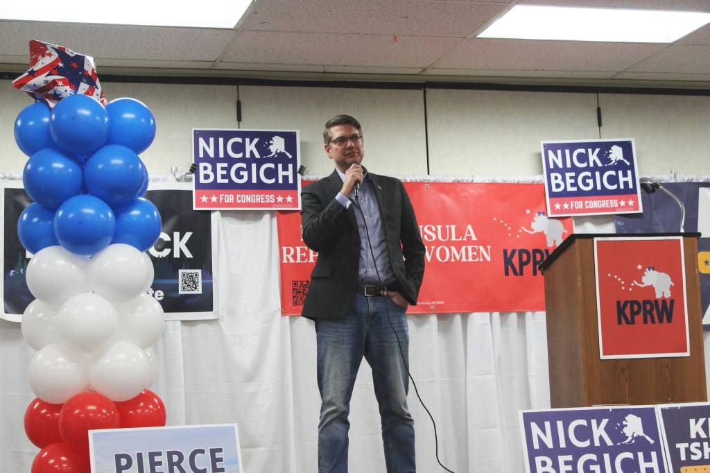 Republican U.S. House candidate Nick Begich III speaks at a Get Out the Vote rally hosted by the Kenai Peninsula Republican Women at the Soldotna Regional Sports Complex on Tuesday, Oct. 18, 2022, in Soldotna, Alaska. (Ashlyn OHara/Peninsula Clarion)