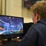 Graehm LeFevre watches the ball soar through the air during SoHi's Rocket League match against Thunder Mountain High School on Thursday, Oct. 20, 2022 at Skyview Middle School in Soldotna, Alaska. (Jake Dye/Peninsula Clarion)