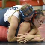 Soldotnas Daisy Hannevold wrestles with Kenai Centrals Jalyn Yeoman at girls 138 pounds at the Luke Spruill Memorial Tournament on Saturday, Oct. 22, 2022, at Kenai Central High School in Kenai, Alaska. Hannevold was able to pin Yeoman. (Photo by Jeff Helminiak/Peninsula Clarion)