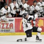 Bryce Monrean of the Kenai River Brown Bears celebrates his second-period goal against the Wisconsin Windigo on Saturday, Oct. 22, 2022, at the Soldotna Regional Sports Complex in Soldotna, Alaska. (Photo by Jeff Helminiak/Peninsula Clarion)