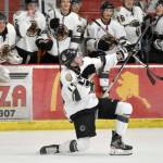 Bryce Monrean of the Kenai River Brown Bears celebrates his second-period goal against the Wisconsin Windigo on Saturday, Oct. 22, 2022, at the Soldotna Regional Sports Complex in Soldotna, Alaska. (Photo by Jeff Helminiak/Peninsula Clarion)