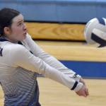 Soldotnas Clare Henry digs up a ball against Kenai Central on Tuesday, Oct. 25, 2022, at Soldotna High School in Soldotna, Alaska. (Photo by Jeff Helminiak/Peninsula Clarion)