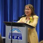 Yasuko Lehtinen speaks at a commendation ceremony where she was awarded the Foreign Minister Commendation on Friday, Oct. 28, 2022, at Kenai Peninsula College in Soldotna, Alaska. (Jake Dye/Peninsula Clarion)
