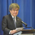 Consular Masaru Aniya speaks at a commendation ceremony where he bestowed Yasuko Lehtinen with the Foreign Minister Commendation on Friday, Oct. 28, 2022, at Kenai Peninsula College in Soldotna, Alaska. (Jake Dye/Peninsula Clarion)