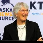 Pat Chesbro, a Democrat, looks on Thursday, Oct. 27, 2022, prior to a U.S. Senate debate in Anchorage, Alaska. She faces U.S. Sen. Lisa Murkowski and Kelly Tshibaka, both Republicans, in the general election. (AP Photo/Mark Thiessen)