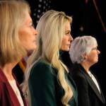 Republican Kelly Tshibaka, center, a Republican, looks on Thursday, Oct. 27, 2022, prior to a U.S. Senate debate in Anchorage, Alaska. She faces U.S. Sen. Lisa Murkowski, left, and Democrat Pat Chesbro, right, in the general election. (AP Photo/Mark Thiessen)