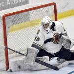 Kenai River goalie Bryant Marks makes a kick save against the Chippewa (Wisconsin) Steel on Saturday, Oct. 29, 2022, at the Soldotna Regional Sports Complex in Soldotna, Alaska. (Photo by Jeff Helminiak/Peninsula Clarion)