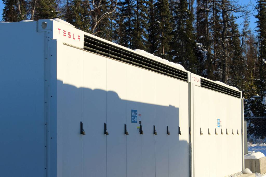 A Tesla battery energy storage system stands in the sun at a Homer Electric Association facility on Tuesday, Nov. 1, 2022, near Soldotna, Alaska. (Ashlyn OHara/Peninsula Clarion)