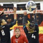 Kenai Central's Cali Holmes (3) watches her spike get past Nikiski's Alexa Iyatunguk and Savanna Stock on Thursday, Nov. 3, 2022, at the Southcentral Conference volleyball tournament at Kenai Central High School in Kenai, Alaska. (Photo by Jeff Helminiak/Peninsula Clarion)