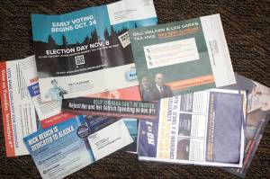 A variety of fliers with varying amounts of accuracy from candidates and groups are filling mailboxes leading up to the Nov. 8 general election. TV and other ads also range from pure nonsense to completely accurate, although many fall into the true from a certain point of view category. (Mark Sabbatini / Juneau Empire)