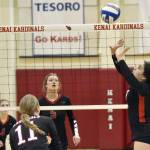 Kenai Centrals Jorgi Phillips sets against Houston on Friday, Nov. 4, 2022, at the Southcentral Conference volleyball tournament at Kenai Central High School in Kenai, Alaska. (Photo by Jeff Helminiak/Peninsula Clarion)