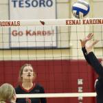 Kenai Central's Jorgi Phillips sets against Houston on Friday, Nov. 4, 2022, at the Southcentral Conference volleyball tournament at Kenai Central High School in Kenai, Alaska. (Photo by Jeff Helminiak/Peninsula Clarion)