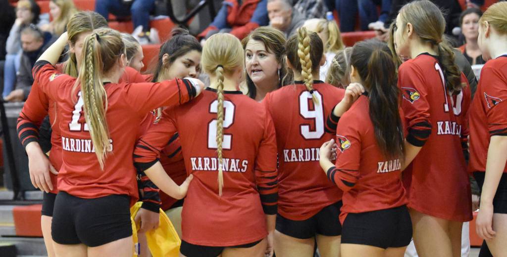 Kenai Central head coach Tracie Beck talks to her team during a timout Saturday, Nov. 5, 2022, at the Southcentral Conference volleyball tournament at Kenai Central High School in Kenai, Alaska. (Photo by Jeff Helminiak/Peninsula Clarion)