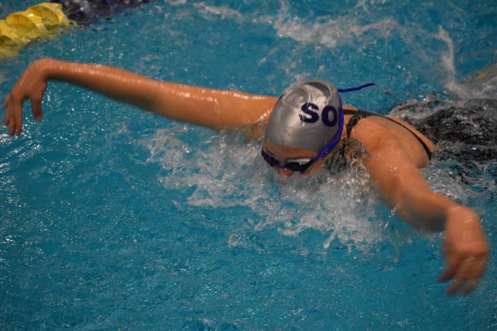 Soldotnas Charisma Watkins swims the 100-yard butterfly during finals at the ASAA State Swim & Dive Championships on Saturday, Nov. 5, 2022, at Bartlett High School in Anchorage, Alaska. (Jake Dye/Peninsula Clarion)