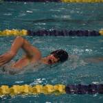 Hunter Fry, of Homer, swims the 500 yard freestyle during finals at the ASAA State Swim & Dive Championships on Saturday, Nov. 5, 2022, at Bartlett High School in Anchorage, Alaska. (Jake Dye/Peninsula Clarion)