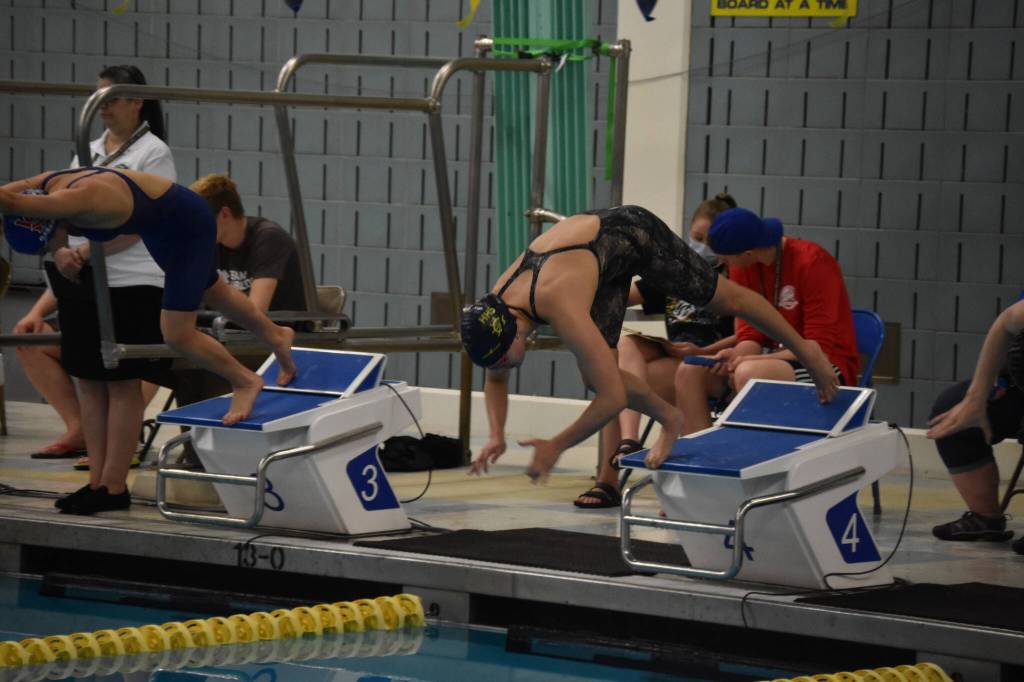Homers Carly Nelson leaps off the block at the start of the 100-yard butterfly during finals at the ASAA State Swim & Dive Championships on Saturday, Nov. 5, 2022, at Bartlett High School in Anchorage, Alaska. (Jake Dye/Peninsula Clarion)