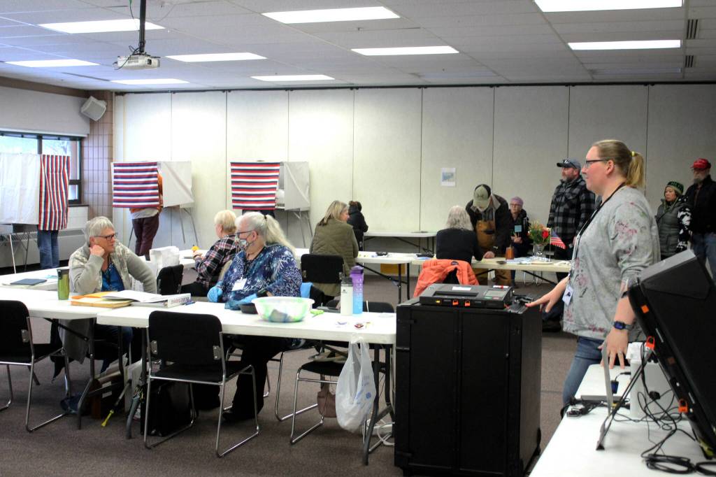 People line up to vote at the Soldotna Regional Sports Complex K-Beach precinct on Tuesday, Nov. 8, 2022 in Soldotna, Alaska. (Ashlyn OHara/Peninsula Clarion)