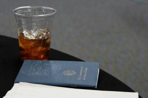 A copy of the Constitution of the State of Alaska rests on a table at a constitutional convention forum at the Kenai Chamber of Commerve and Visitor Center on Wednesday, Oct. 12, 2022 in Kenai, Alaska. (Ashlyn OHara/Peninsula Clarion)