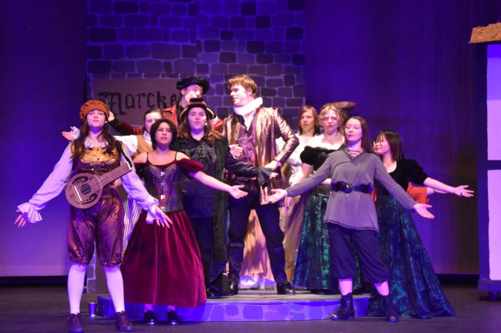 The cast of Something Rotten rehearse on Wednesday, Nov. 9, 2022, at Soldotna High School in Soldotna, Alaska. (Jake Dye/Peninsula Clarion)