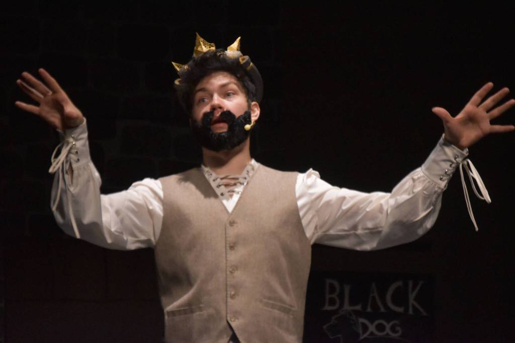 Josiah Burton portrays Nicholas Bottom in a rehearsal of Something Rotten on Wednesday, Nov. 9, 2022, at Soldotna High School in Soldotna, Alaska. (Jake Dye/Peninsula Clarion)