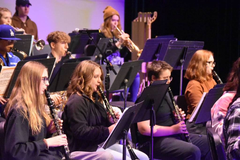 Members of the Soldotna High School Band rehearse on Oct. 11, 2022 at Soldotna High School in Soldotna Alaska. (Jake Dye/Peninsula Clarion)
